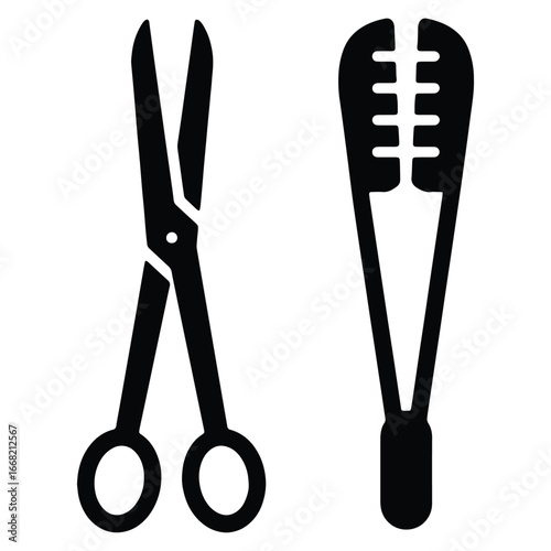 Black silhouette of surgical instruments including scissors and tissue forceps isolated on white background for medical purposes