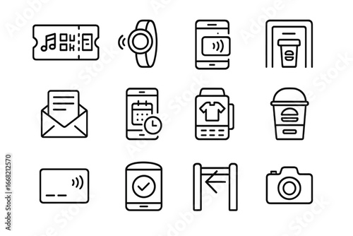 Event Payment Icons. Outline icon set of event ticket cashless payments: concert ticket QR code, NFC wristband