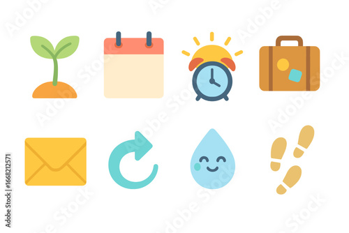 Fresh Start Icons. Flat vector mini-illustrations New beginnings in colors children's illustrations: fresh