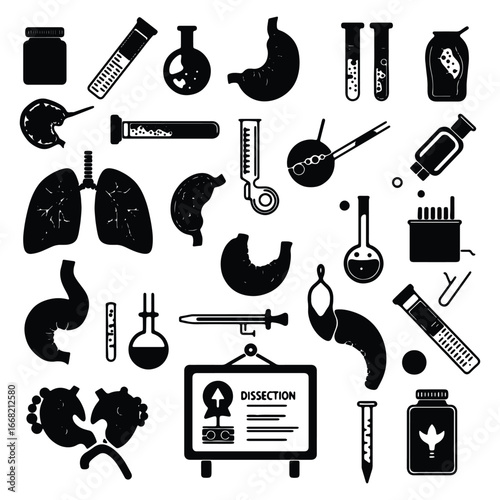 Collection of Black and White Science and Medical Icons for Educational Resources and Laboratory Experiments