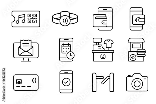 Event Payment Icons. Outline icon set of event ticket cashless payments: concert ticket QR code, NFC wristband