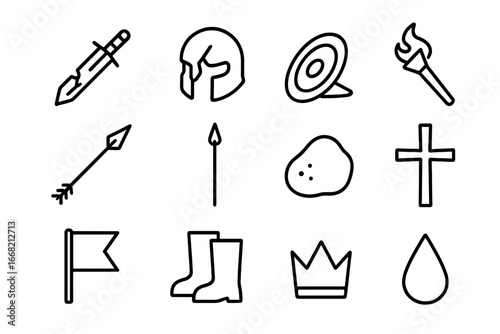 Fallen Warriors Icons. Outline icon set of fallen warriors: broken sword, cracked helmet, shield on ground,