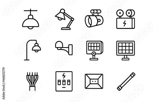 Factory Lighting Icons. Outline icon set of factory illumination: overhead lamp, task light, spotlight,