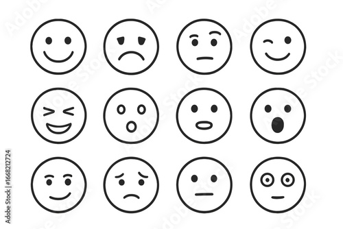 Facial Expressions Icons. Outline icon set of facial expressions in communication: smile, frown, raised