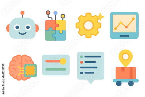 AI Kids Icons. Flat vector mini-illustrations AI-driven recommendations in colors children's illustrations: