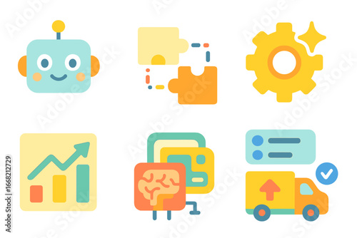 AI Kids Icons. Flat vector mini-illustrations AI-driven recommendations in colors children's illustrations: