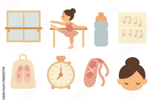 Ballet Rehearsal Icons. Flat vector mini-illustrations Ballet rehearsal moments in colors children's