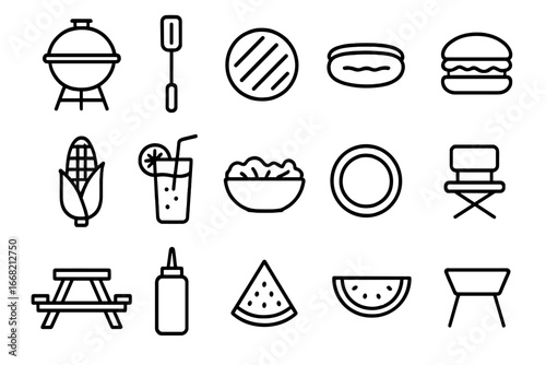Family BBQ Icons. Outline icon set of family BBQ dinner: grill, spatula, burger patty, hot dog, corn cob,