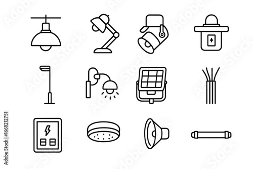 Factory Lighting Icons. Outline icon set of factory illumination: overhead lamp, task light, spotlight,