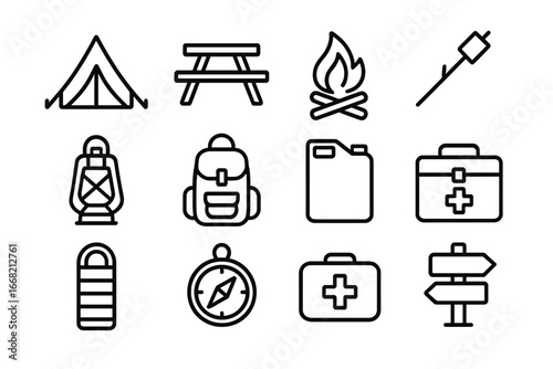 Family Camping Icons. Outline icon set of family camping: tent, picnic table, campfire, marshmallow stick,