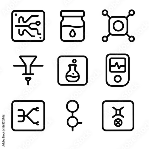 Lab-on-Chip Icon Grid. Outline icon set of lab-on-a-chip devices: microfluidic chip, reagent reservoir,