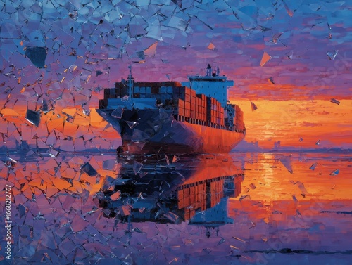 Shattered Glass Container Ship at Sunset