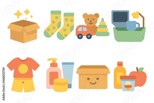 Custom Product Bundles. Flat vector mini-illustrations Personalized product bundles in colors children's
