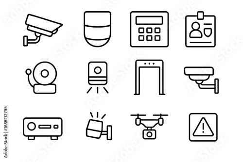 Facility Security Icons. Outline icon set of facility security systems: CCTV camera, motion detector, control