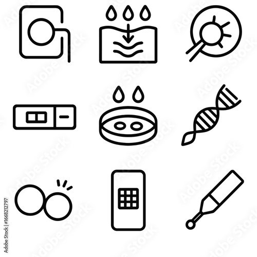 Diagnostic Innovations Icons. Outline icon set of diagnostic material innovations: biosensor patch, responsive