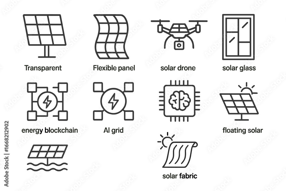 Fototapeta premium Future Energy Icons. Outline icon set of future energy tech: transparent solar panel, flexible panel, solar