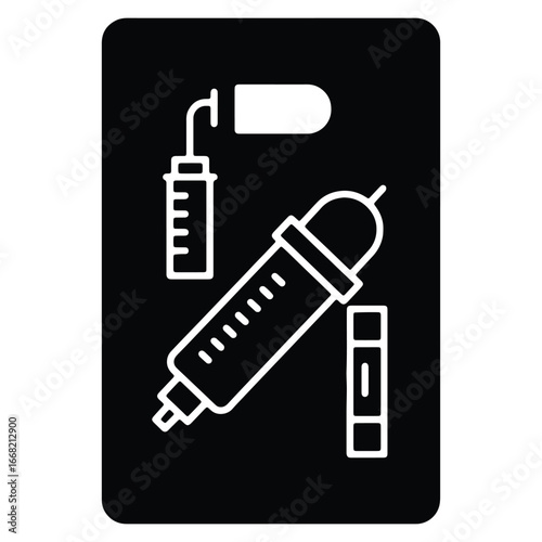 Dental treatment kit vector icon including syringe with anesthetic ampule and tools against black background professional dentistry instruments