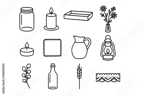 Farmhouse Dining Icons. Outline icon set of farmhouse dining centerpiece: mason jar, candle, wooden tray,
