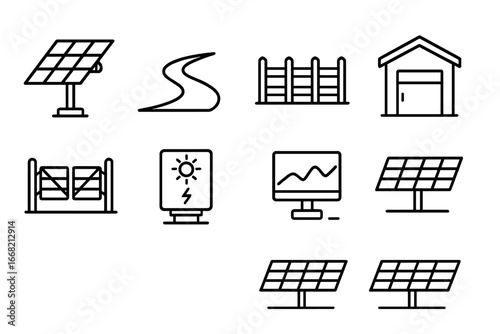 Solar Farm Icons. Outline icon set of solar farm components: solar tracker, service road, fence line,