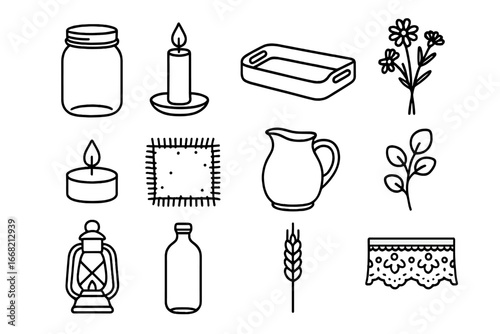 Farmhouse Dining Icons. Outline icon set of farmhouse dining centerpiece: mason jar, candle, wooden tray,
