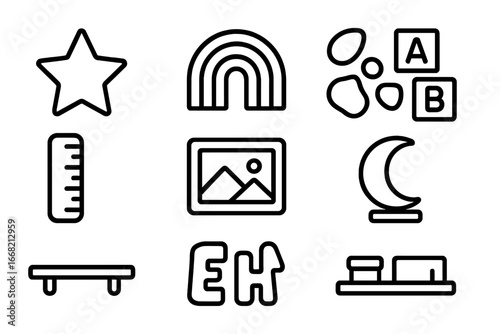 Playful Wall Décor Icons. Outline icon set of playful wall decorations: star sticker, rainbow mural, animal