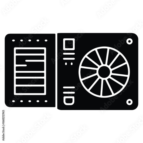 Detailed Black and White Icon of a Computer Power Supply Unit for Gaming and Tech Enthusiasts