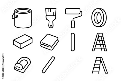 Painting Tools Icons. Outline icon set of painting and finishing tools: paint can, brush, roller, painter’s