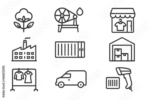 Fashion Supply Chain Icons. Outline icon set of fashion supply chain: cotton field, spinning wheel, fabric