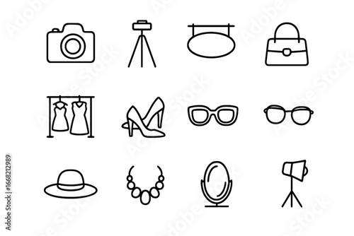 Fashion Blogger Icons. Outline icon set of fashion blogger photo shoot: camera, tripod, boutique sign, dress