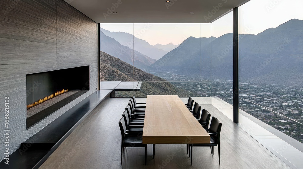 Fototapeta premium Modern minimalist dining area overlooking a stunning mountain vista with panoramic views