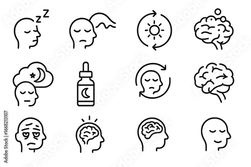 Sleep Brain Icons. Outline vector icons of sleep and brain function: REM sleep, deep sleep, circadian rhythm,