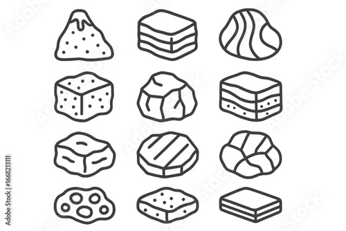 Rock Types Icons. Outline vector icons of rock types: igneous rock, sedimentary rock, metamorphic rock,