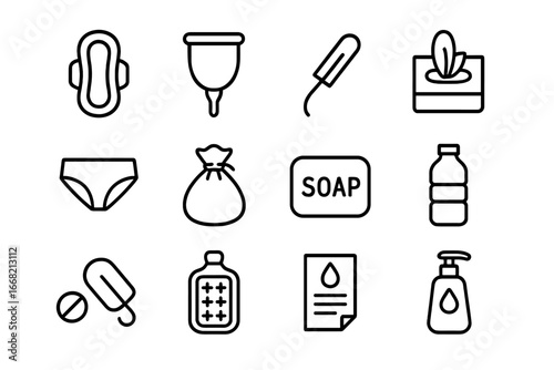 Feminine Hygiene Icons Set. Outline icon set of feminine hygiene products: sanitary napkin, menstrual cup,