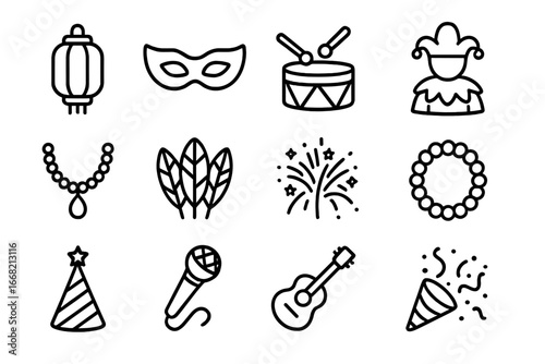 Festival Icon Set. Outline icon set of festival collections: lantern, mask, drum, costume, necklace, feathers,