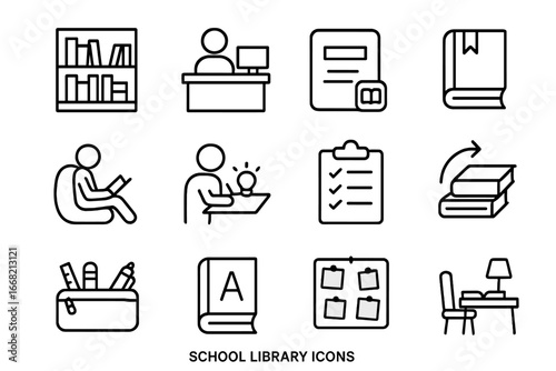 School Library Icons Grid. Outline vector icons of school libraries: class shelf, checkout desk, library card,
