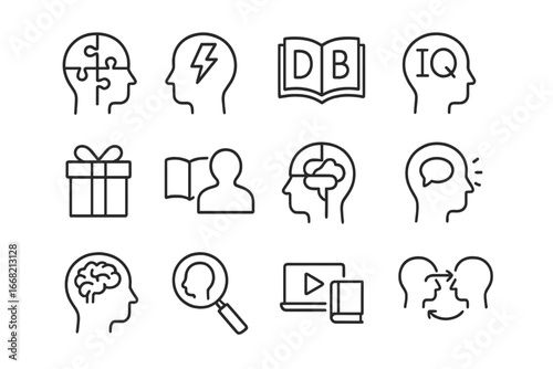 Neurodiversity Icons Grid. Outline vector icons of neurodiversity and intelligence: autism, ADHD, dyslexia,