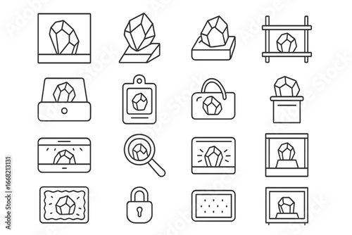 Mineral Display Icons. Outline vector icons of mineral display and storage: specimen case, acrylic stand,