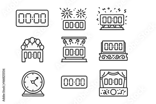 Festival Countdown Icons. Outline icon set of festival countdown clocks: large LED digits, fireworks design,