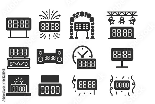 Festival Countdown Icons. Outline icon set of festival countdown clocks: large LED digits, fireworks design,
