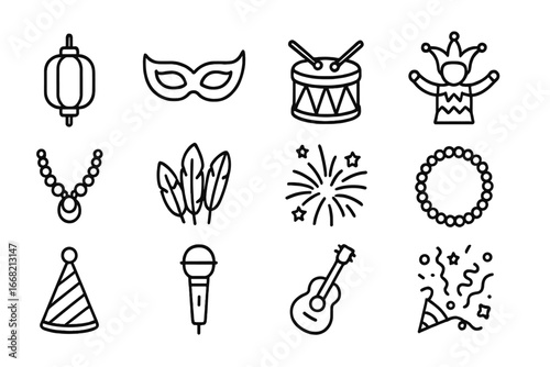 Festival Icon Set. Outline icon set of festival collections: lantern, mask, drum, costume, necklace, feathers,