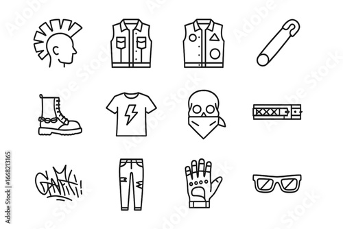 Urban Punk Icons. Outline vector icons of urban punk style: mohawk hair, denim vest, patch jacket, safety pin,