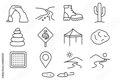 Desert Icon Set. Outline vector icons of desert rock hunting: sandstone arch, dry wash, desert boot, cactus,