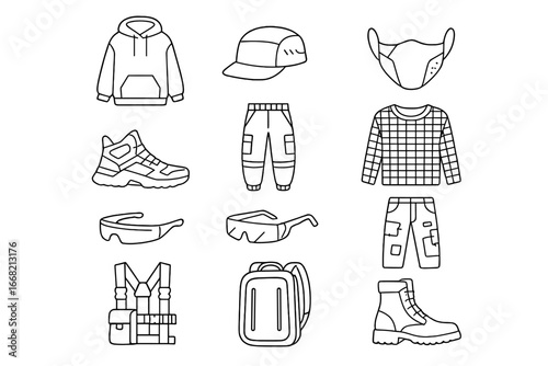 Futuristic Streetwear Icons. Outline vector icons of futuristic streetwear: oversized hoodie, digital cap,