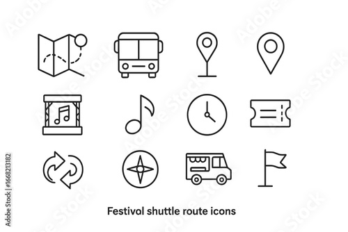 Festival Shuttle Icons. Outline icon set of festival shuttle route: map, bus icon, stop marker, location pin,