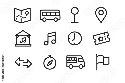 Festival Shuttle Icons. Outline icon set of festival shuttle route: map, bus icon, stop marker, location pin,