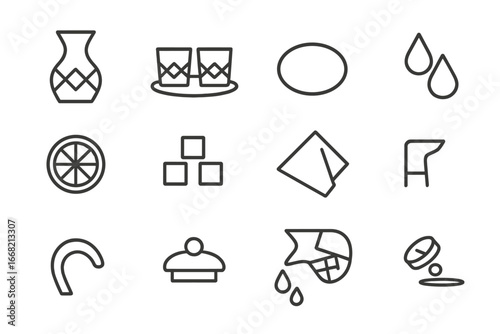 Fine Dining Icons. Outline icon set of fine dining beverage service: crystal carafe, matching glasses, coaster