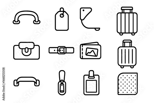 Airport Luggage Icons. Outline vector icons of airport luggage style: leather handle, name tag, suitcase