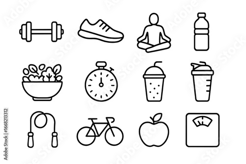 Fitness Detox Icons. Outline icon set of fitness and detox: dumbbell, running shoe, yoga pose, water bottle,