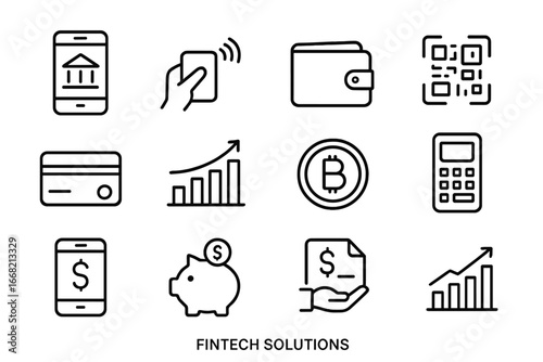 Fintech Icon Set. Outline icon set of fintech solutions: mobile banking, contactless payment, digital wallet,