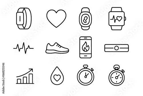 Fitness Wearables Icons Grid. Outline icon set of fitness and health wearables: wristband, heart icon, step